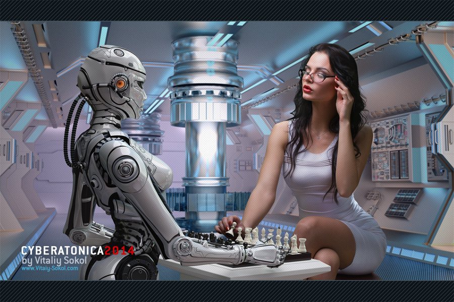 Woman Playing Chess with Fembot Robot 