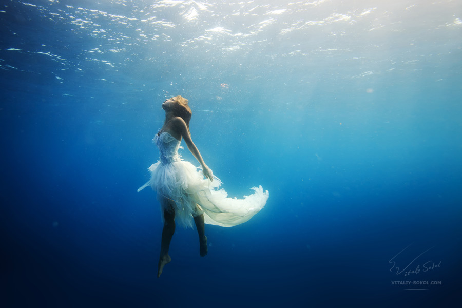 Beautiful model in white dress underwater. A girl diving with dolphins without scuba gear. Fantasy mermaid in deep ocean. Water surface with sunbeams