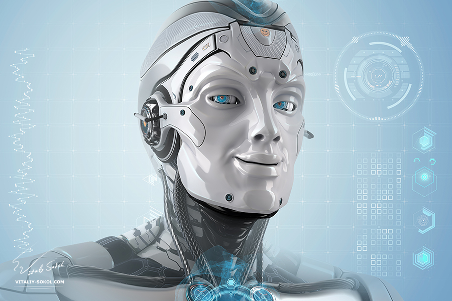 3D Robot by Vitaliy Sokol: Closeup portrait of a male robot with smiling face and shining digital blue eyes. Futuristic background with virtual HUD icons for your design. Artificial good mood head of cybernetic creature.