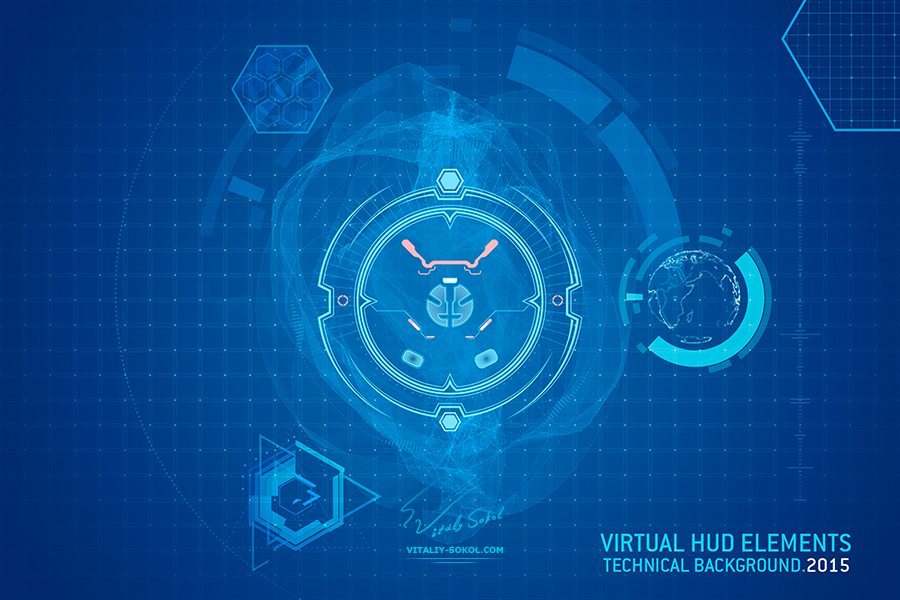 Design by Vitaliy Sokol: Virtual hud elements for futuristic design. Abstract shining icons on blue digital screen. Creative Technology on dark background.