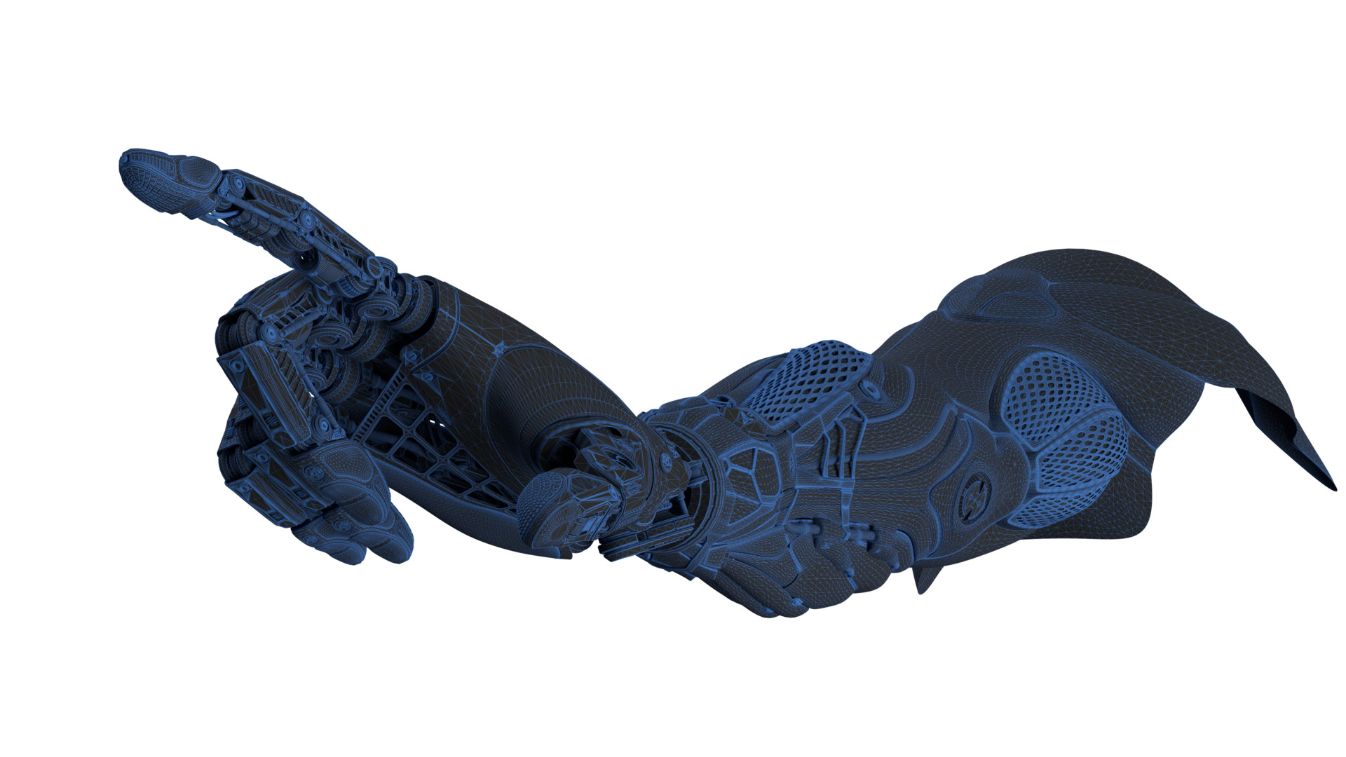 Highly detailed 3d model of robot's arm made with blender 2.78. Wireframe render