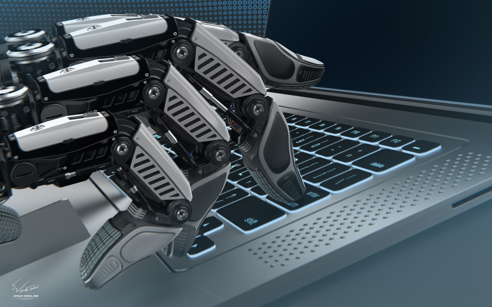 Highly detailed 3d model of robot arm working with laptop made with blender 2.78. Closeup render