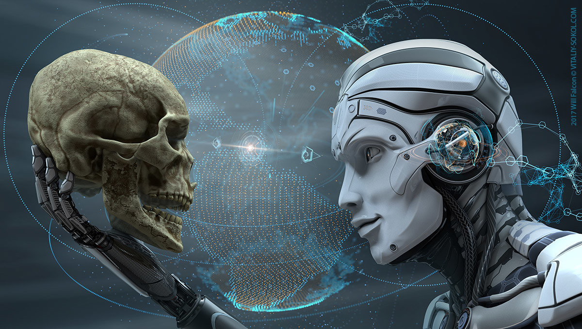 Robot face and Human skull